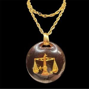 Vintage Libra Large Brown & Gold Statement Pendant Necklace On Goldtone Chain